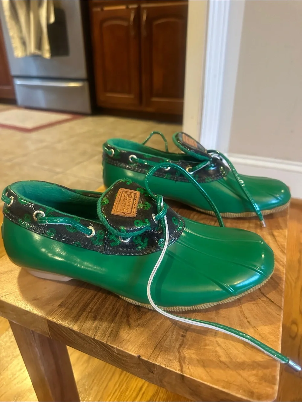 Sperry Green Waterproof Duck Boots with Anchor Print perfect for Alaska cruise.